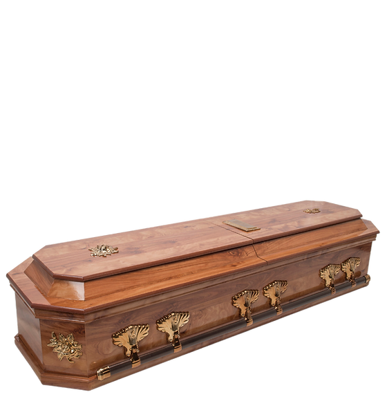 Premier White Oak casket with satin finish and antique brass handles