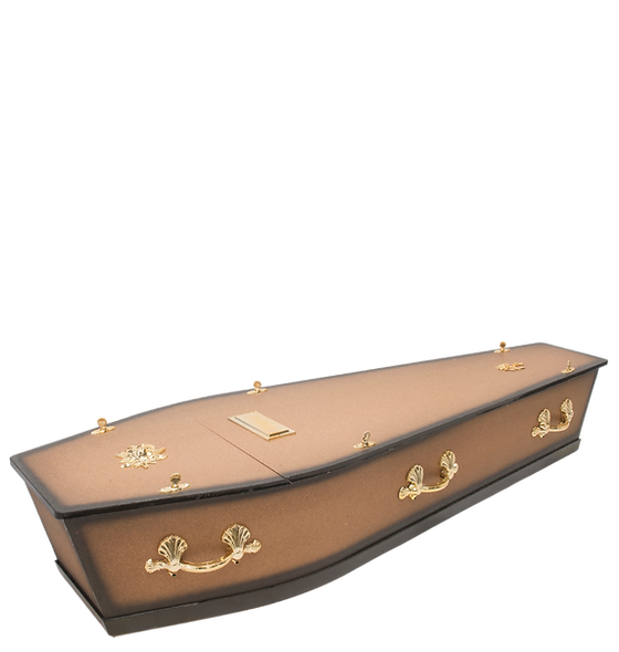 Traditional Mahogany coffin with brass handles and cross embellishment