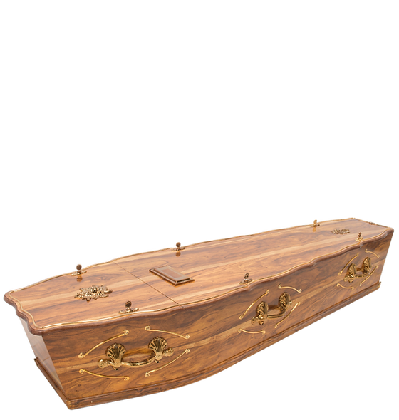 Classic Oak coffin with traditional six-sided design and wooden handles