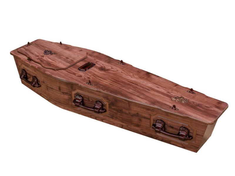 English Elm coffin with dark stain and brass effect handles